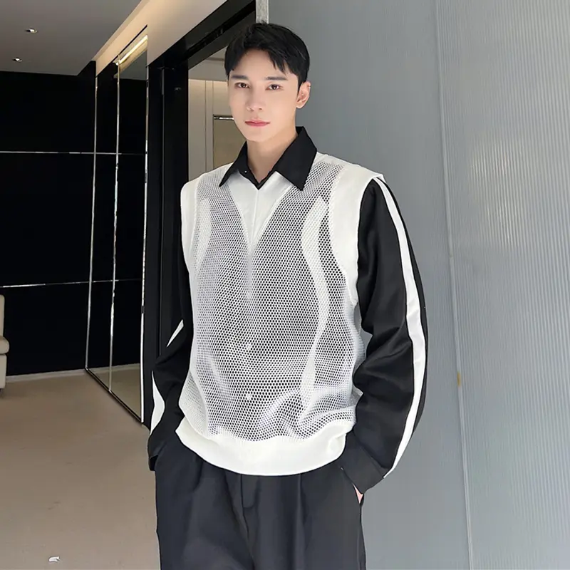 IEFB Men's Vest Coat New Summer Personalized Mesh Trendy V-neck Design Korean Style Handsome Causal Male Clothing 2025 9W2094