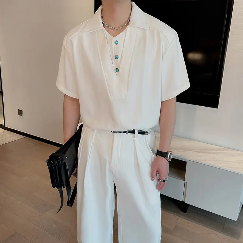 IEFB Men's Sets Fake Two-piece Lapel Short Sleeve Casual Shirts Pleated Solid Color Straight Leg Loose Male Pants Simple 9W2412