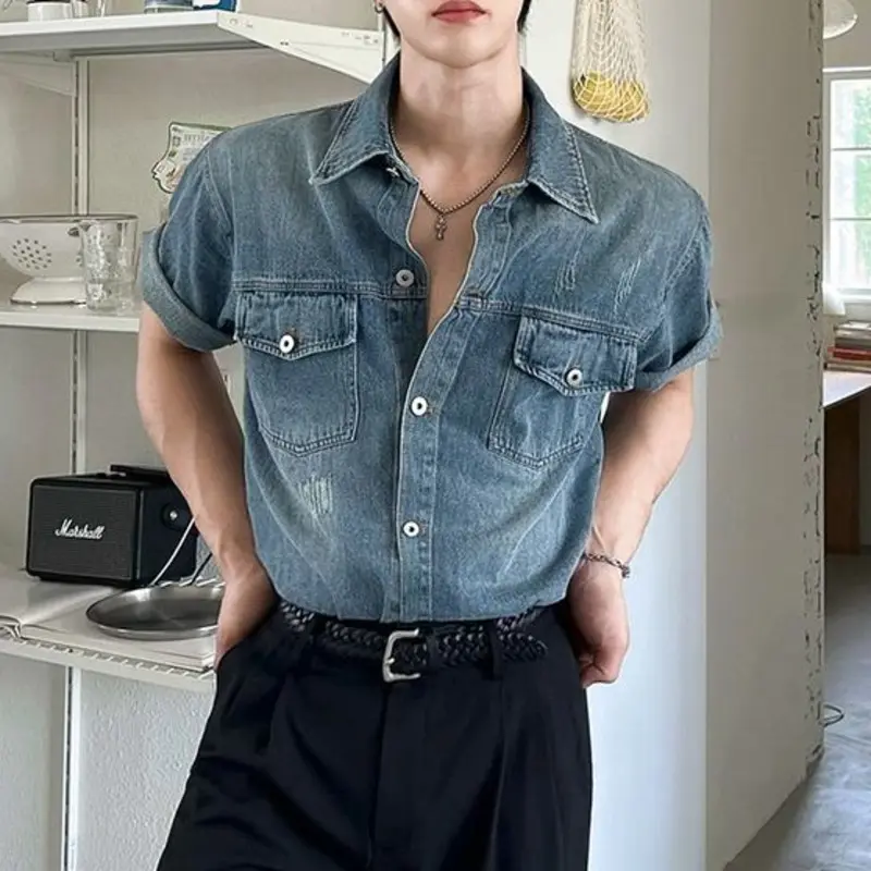 IEFB Denim Men's Shirts Short Sleeve Casual Washing Turn-down Collar Single Breasted Vintage Loose Solid Color Male Shirt 9W2732