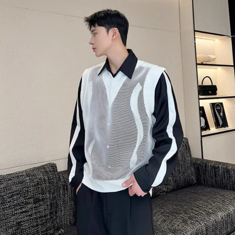 IEFB Men's Vest Coat New Summer Personalized Mesh Trendy V-neck Design Korean Style Handsome Causal Male Clothing 2025 9W2094
