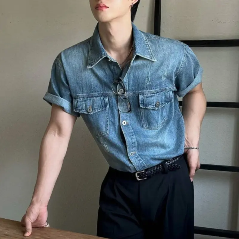 IEFB Denim Men's Shirts Short Sleeve Casual Washing Turn-down Collar Single Breasted Vintage Loose Solid Color Male Shirt 9W2732