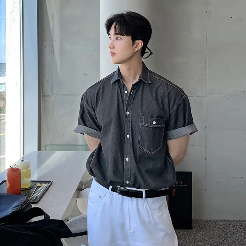 IEFB Men's Shirts Short Sleeve New Korean Simple Denim Top Casual Turn-down Collar Single Breasted Tredny Male Clothing 9W1821