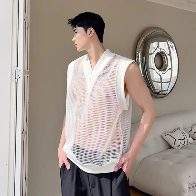 IEFB Men's Vest Coat New Summer Personalized Mesh Trendy V-neck Design Korean Style Handsome Causal Male Clothing 2025 9W2094