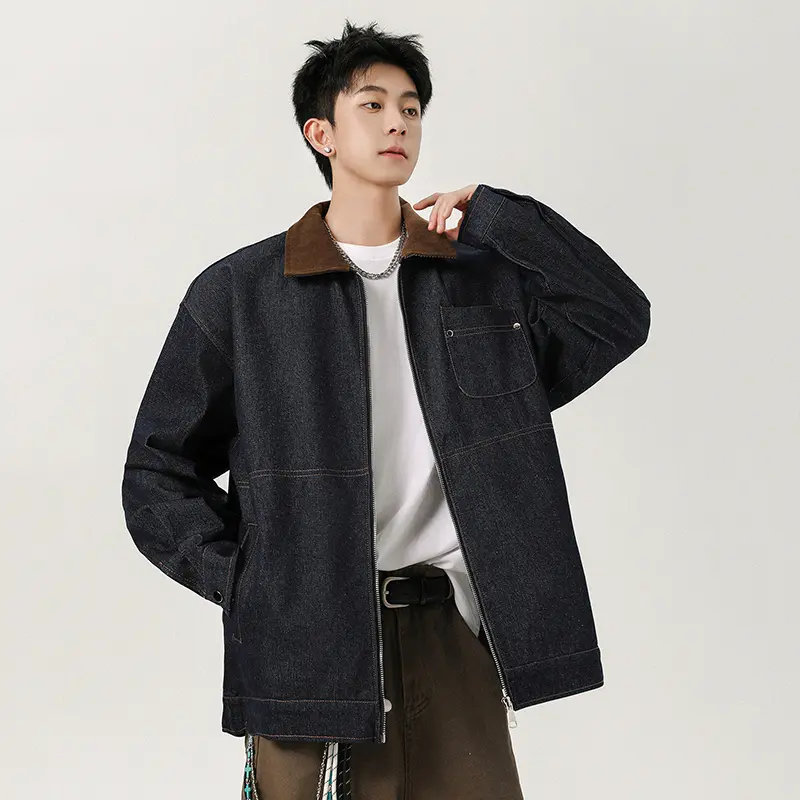 IEFB American Style Men's Denim Coats Turn-down Collar Contrast Color Patchwork Loose Autumn Pocket Male Jackets Trendy 9W4108