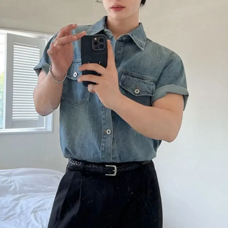 IEFB Denim Men's Shirts Short Sleeve Casual Washing Turn-down Collar Single Breasted Vintage Loose Solid Color Male Shirt 9W2732