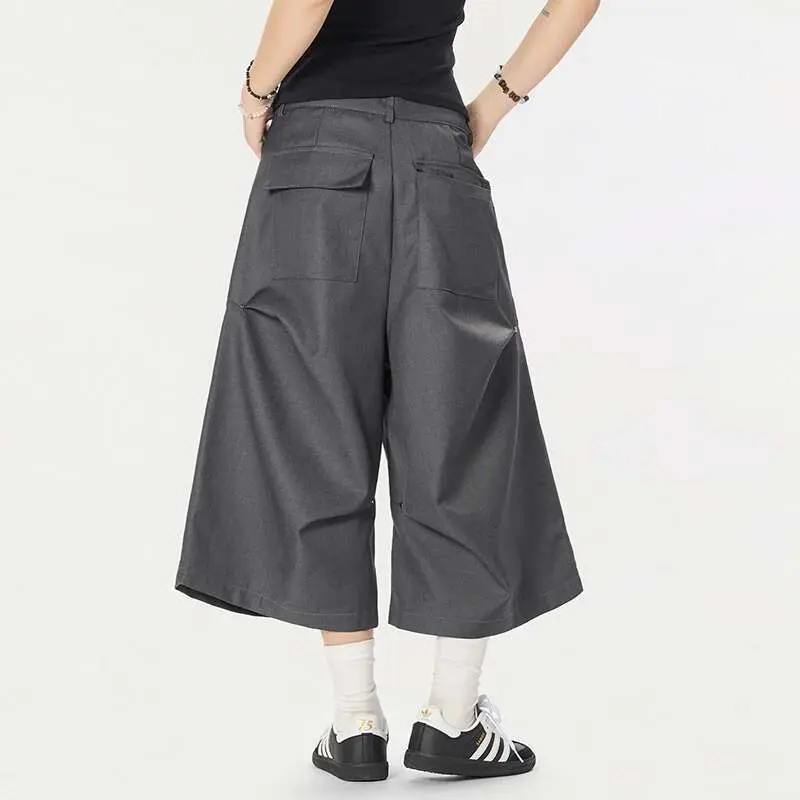 IEFB New Stylish Men's Suit Shorts Solid Color Male Fold Design Personality Wide Leg Seven Quarter Pants American Style 9W2328
