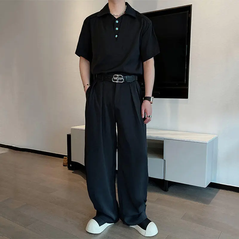 IEFB Men's Sets Fake Two-piece Lapel Short Sleeve Casual Shirts Pleated Solid Color Straight Leg Loose Male Pants Simple 9W2412
