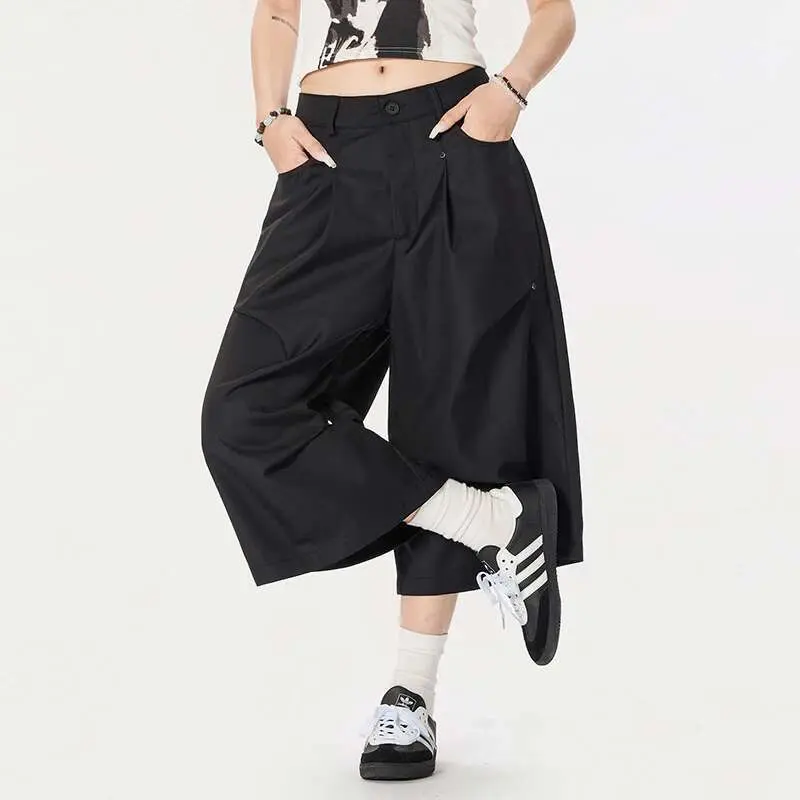 IEFB New Stylish Men's Suit Shorts Solid Color Male Fold Design Personality Wide Leg Seven Quarter Pants American Style 9W2328