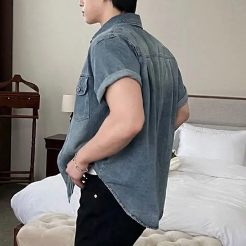 IEFB Denim Men's Shirts Short Sleeve Casual Washing Turn-down Collar Single Breasted Vintage Loose Solid Color Male Shirt 9W2732