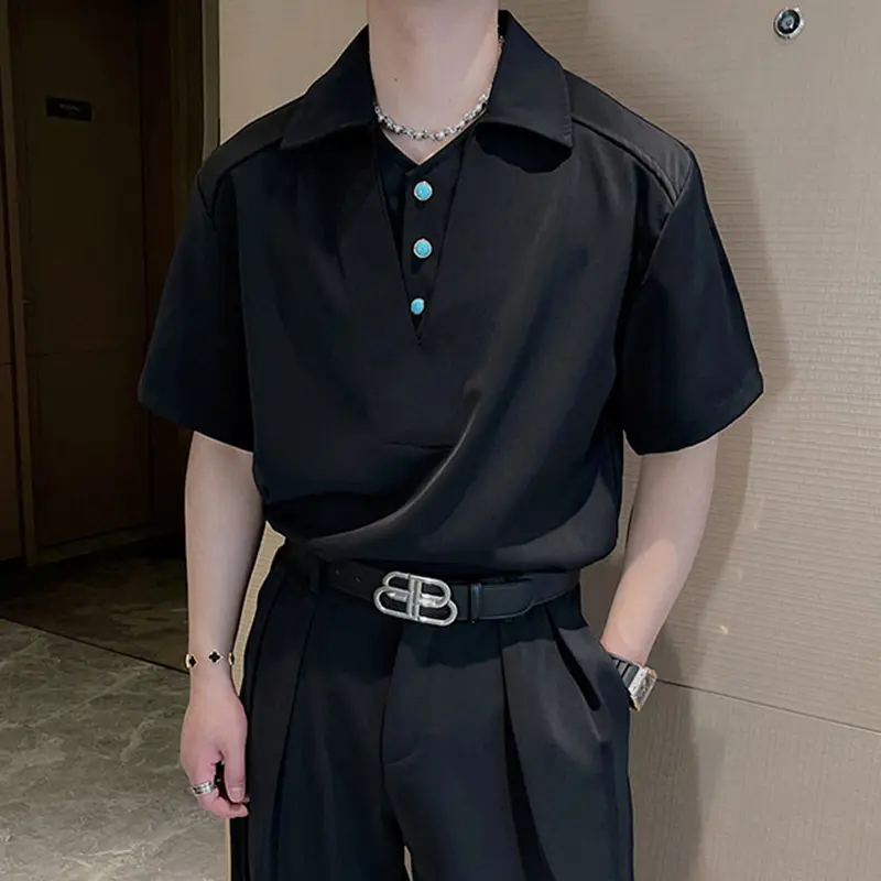IEFB Men's Sets Fake Two-piece Lapel Short Sleeve Casual Shirts Pleated Solid Color Straight Leg Loose Male Pants Simple 9W2412