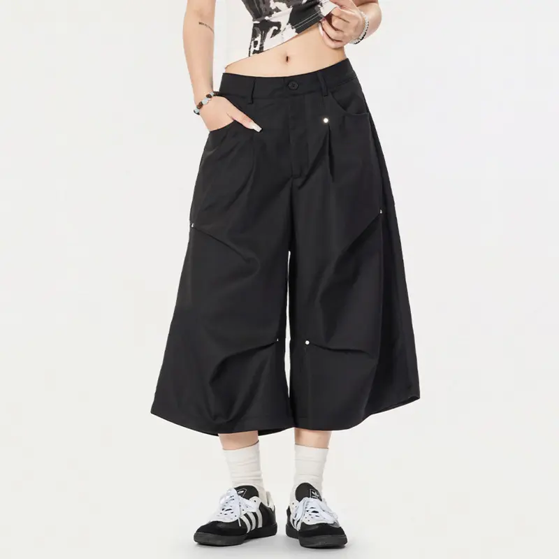 IEFB New Stylish Men's Suit Shorts Solid Color Male Fold Design Personality Wide Leg Seven Quarter Pants American Style 9W2328