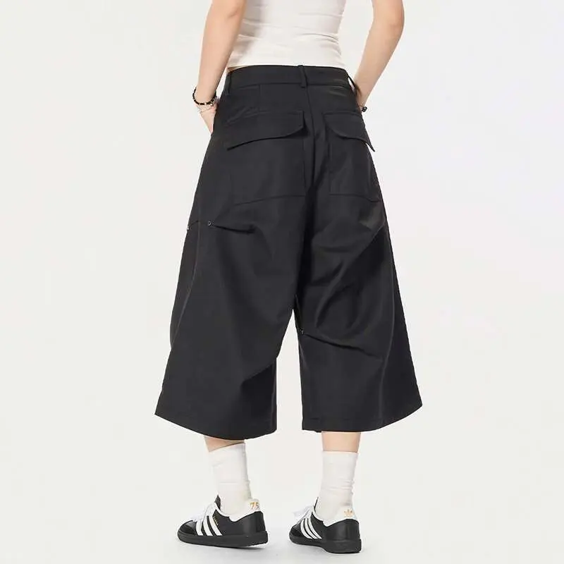IEFB New Stylish Men's Suit Shorts Solid Color Male Fold Design Personality Wide Leg Seven Quarter Pants American Style 9W2328