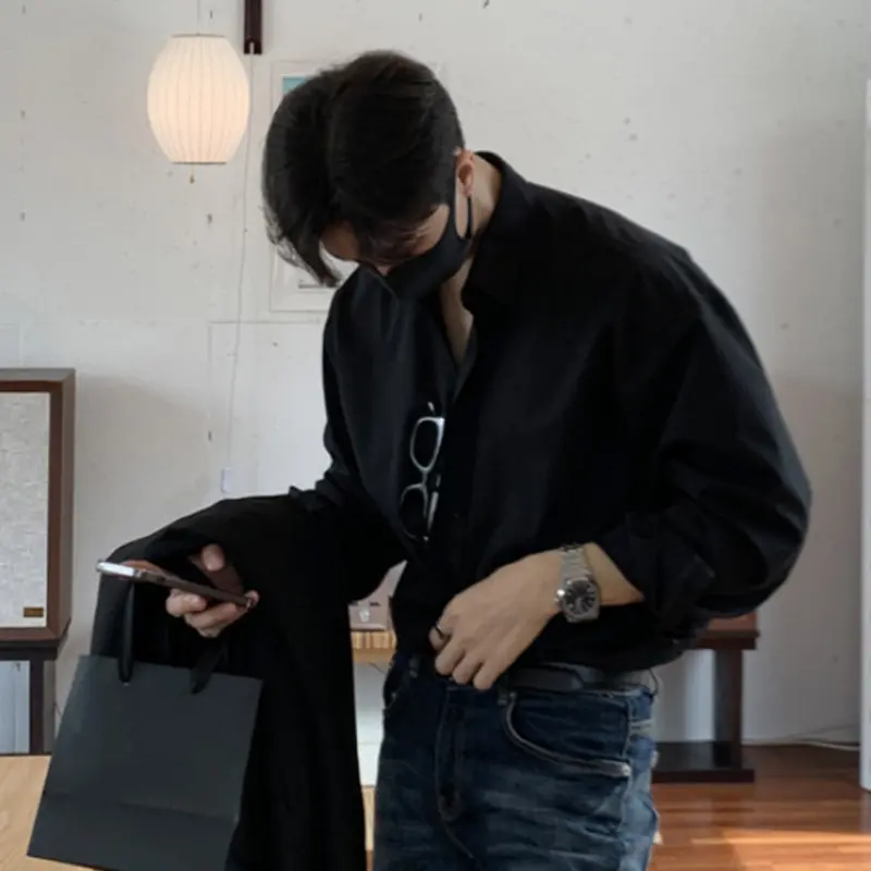 IEFB Men's T-shirts Long Sleeve New Korean Style Solid Color Trendy Singel Breasted Turn-down Collar Stylish Male Top 9W1816