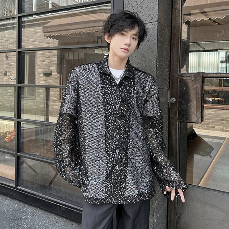 IEFB Men's Shirts Long Sleeve Glitter Design New Summer Korean Style Turn-down Collar Singel Breasted Male Casual Tops 9W2130