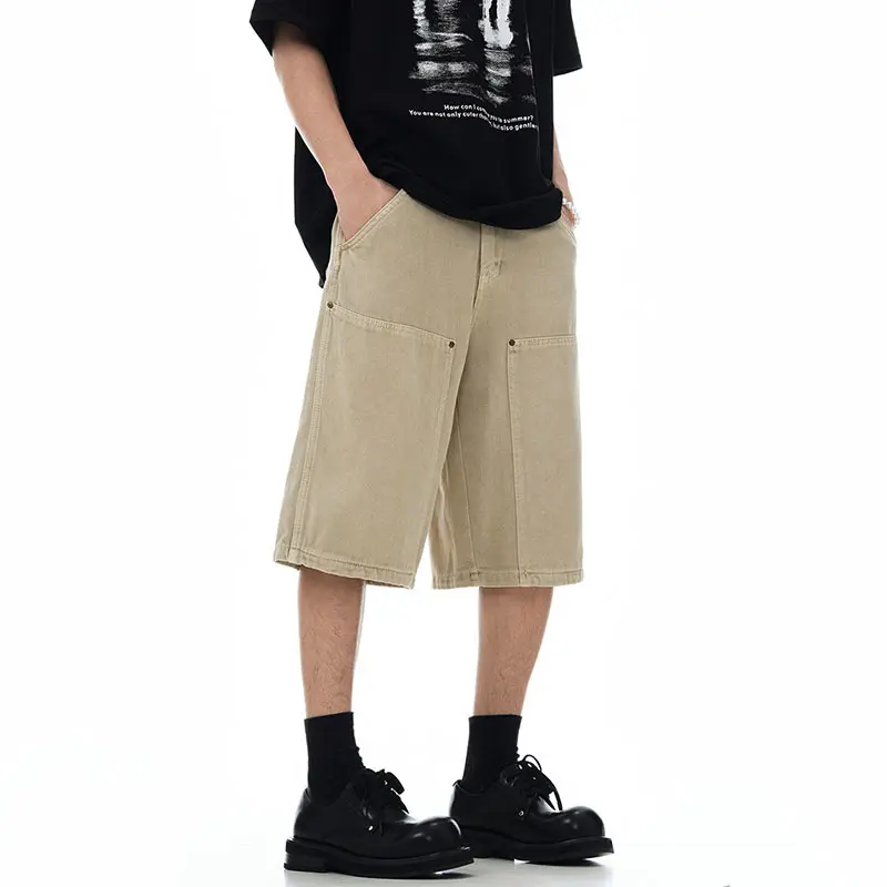 IEFB New Men's American Style Spliced Cargo Shorts Summer Loose Trendyt Straight Leg Niche Design Solid Color Menwear 9W1711