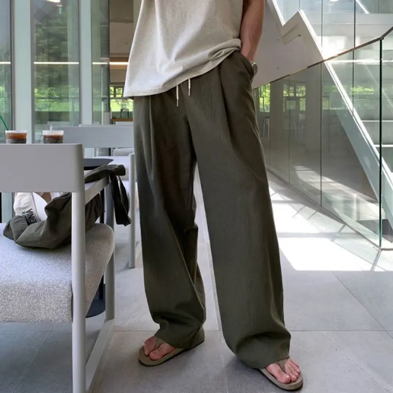 IEFB Korean Style Men's Casual Pants Solid Color Drawstring Pleated Trousers Elastic Waist Straight Wide Leg Male Bottom 9W2512