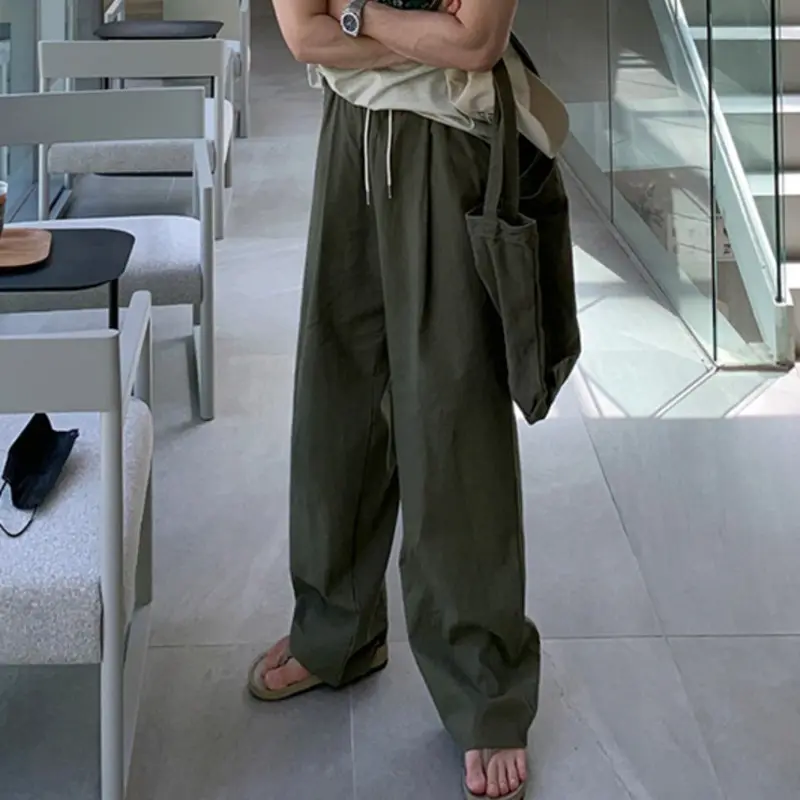 IEFB Korean Style Men's Casual Pants Solid Color Drawstring Pleated Trousers Elastic Waist Straight Wide Leg Male Bottom 9W2512