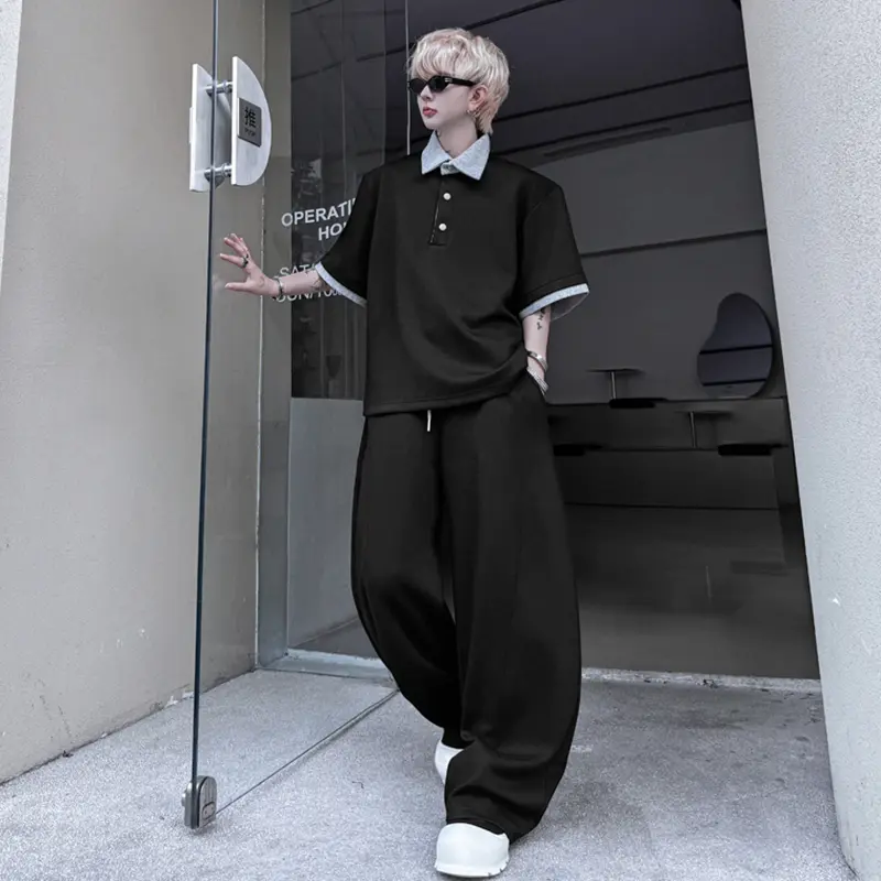 IEFB Men's Two-piece Contrast Color Lapel Short Sleeved T-shirts Drawstring Straight Elastic Waist Male Pants Stylish 9W2310