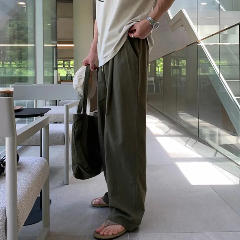 IEFB Korean Style Men's Casual Pants Solid Color Drawstring Pleated Trousers Elastic Waist Straight Wide Leg Male Bottom 9W2512