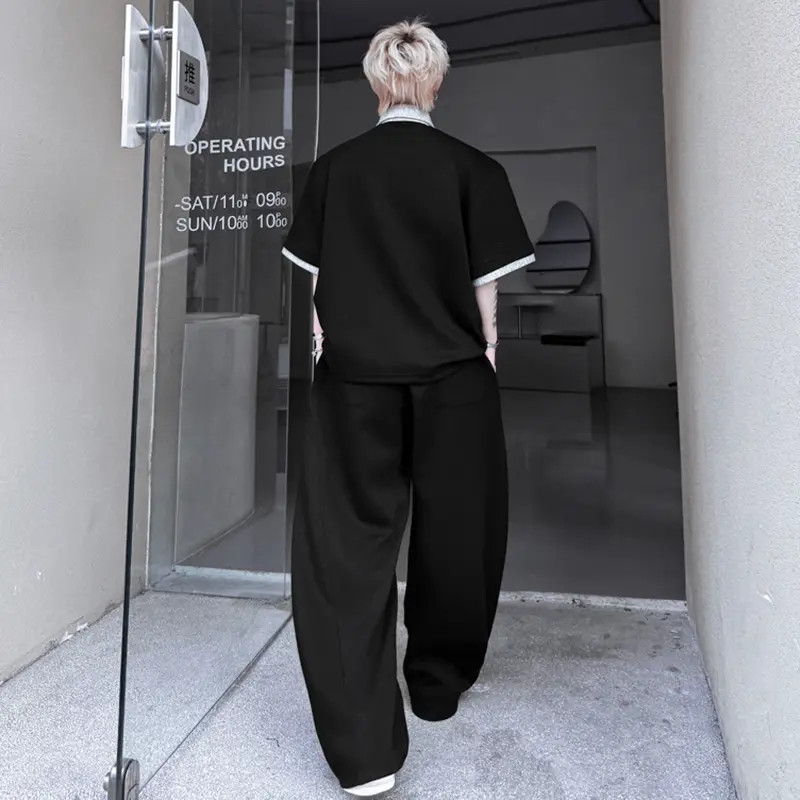 IEFB Men's Two-piece Contrast Color Lapel Short Sleeved T-shirts Drawstring Straight Elastic Waist Male Pants Stylish 9W2310