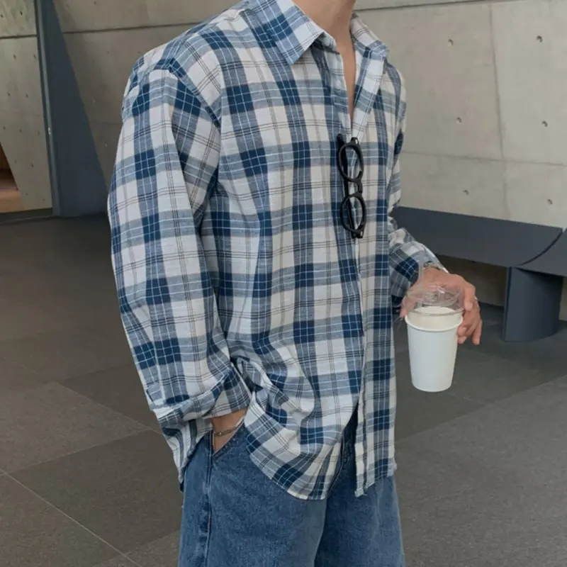 IEFB Plaid Design Men's Shirts Turn-down Collar Long Sleeved Korean Style Casual Tops Single Breasted Loose Male Shirt 9W2487