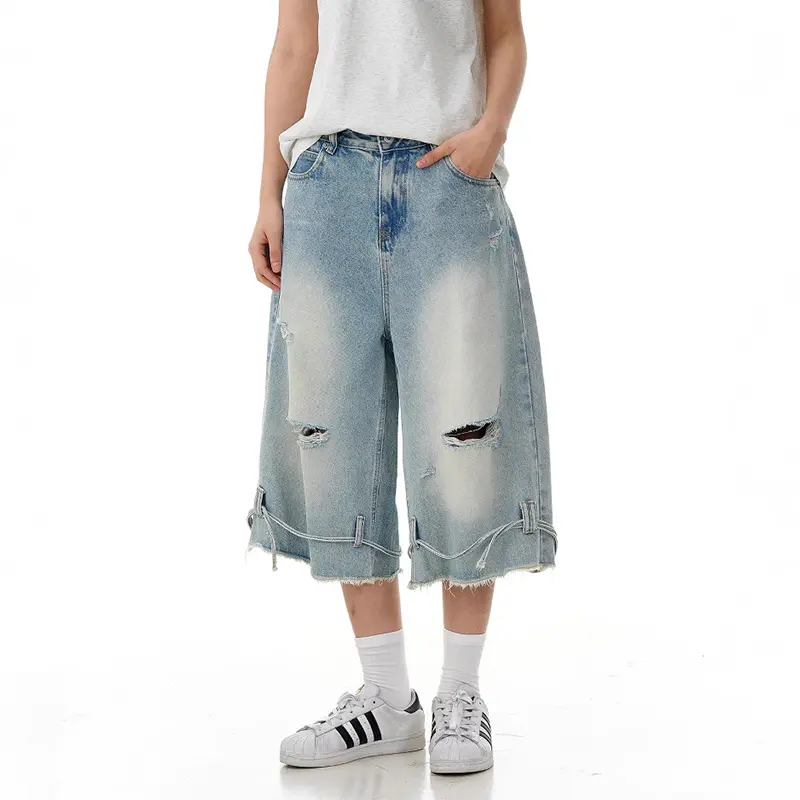 IEFB American Style Men's Jeans Washed Holes Design Distressed Drawstring Gradient Color Wide Leg Male Denim Shorts Chic 9W4099