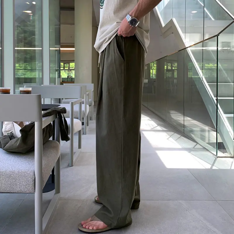 IEFB Korean Style Men's Casual Pants Solid Color Drawstring Pleated Trousers Elastic Waist Straight Wide Leg Male Bottom 9W2512