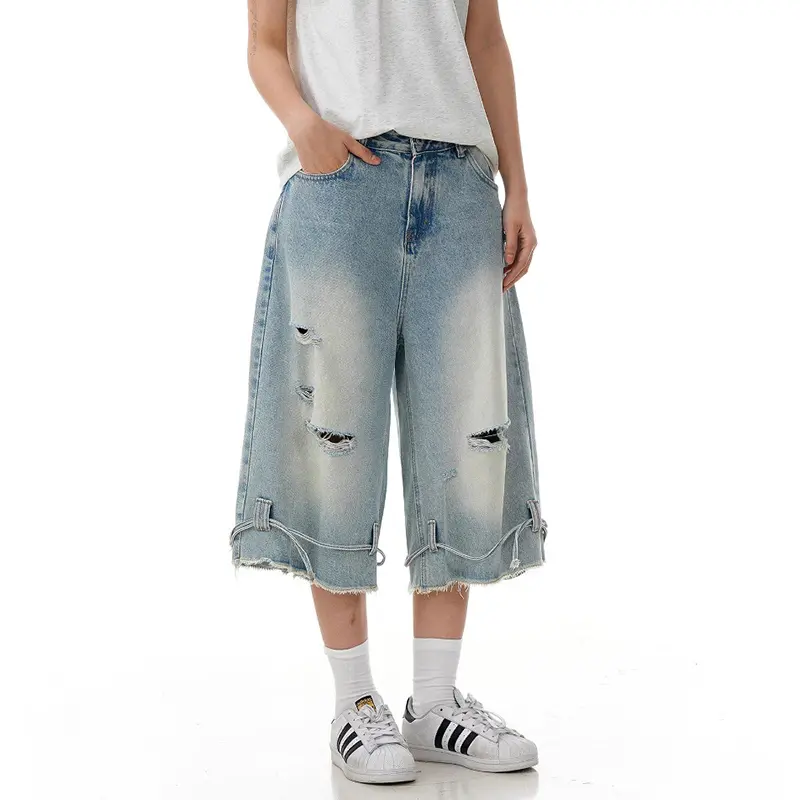 IEFB American Style Men's Jeans Washed Holes Design Distressed Drawstring Gradient Color Wide Leg Male Denim Shorts Chic 9W4099