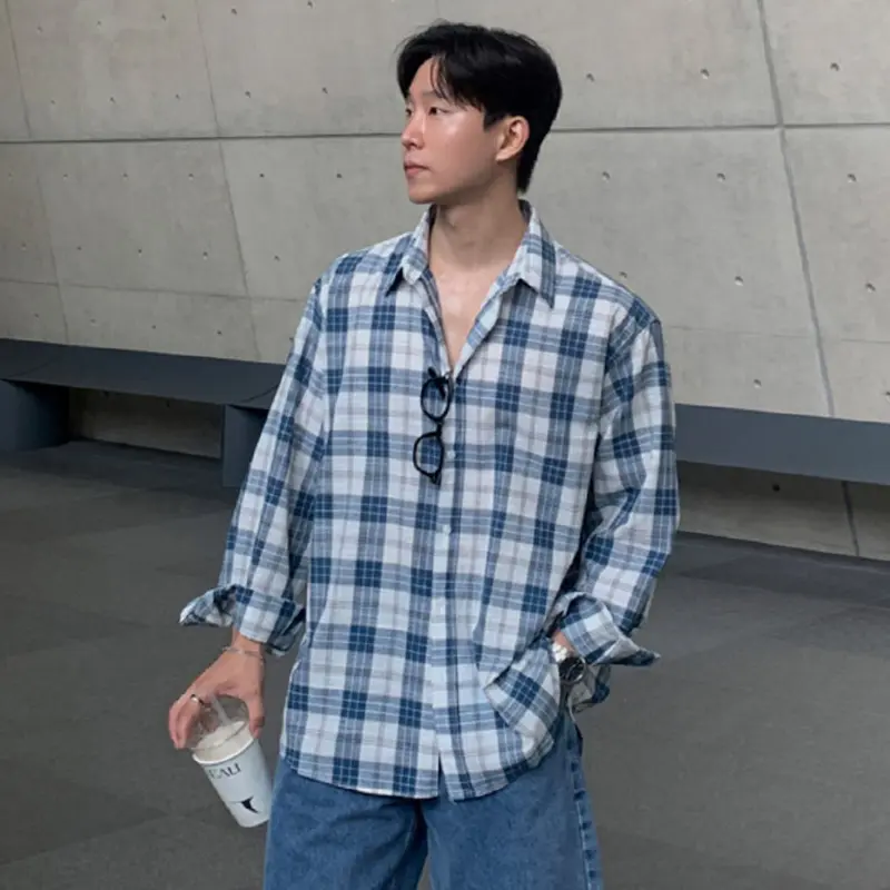 IEFB Plaid Design Men's Shirts Turn-down Collar Long Sleeved Korean Style Casual Tops Single Breasted Loose Male Shirt 9W2487