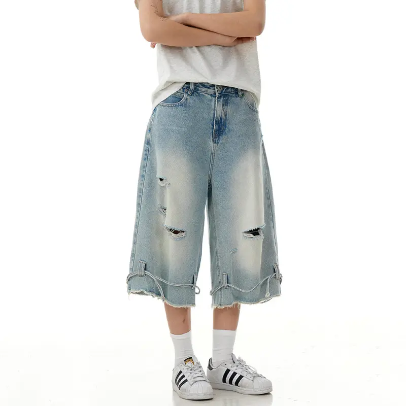 IEFB American Style Men's Jeans Washed Holes Design Distressed Drawstring Gradient Color Wide Leg Male Denim Shorts Chic 9W4099