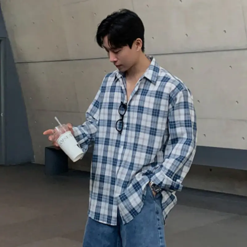 IEFB Plaid Design Men's Shirts Turn-down Collar Long Sleeved Korean Style Casual Tops Single Breasted Loose Male Shirt 9W2487
