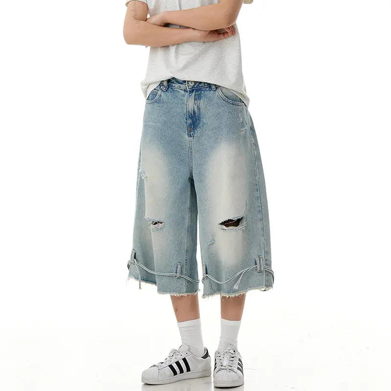 IEFB American Style Men's Jeans Washed Holes Design Distressed Drawstring Gradient Color Wide Leg Male Denim Shorts Chic 9W4099