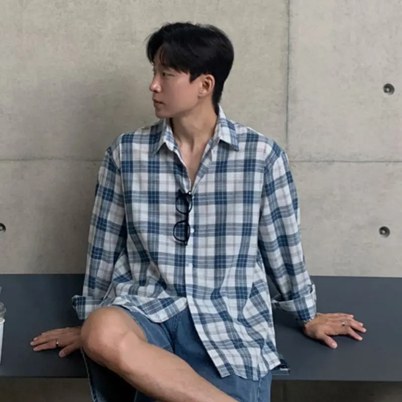 IEFB Plaid Design Men's Shirts Turn-down Collar Long Sleeved Korean Style Casual Tops Single Breasted Loose Male Shirt 9W2487