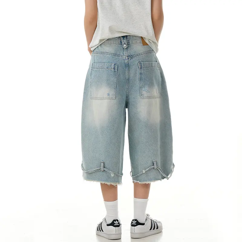 IEFB American Style Men's Jeans Washed Holes Design Distressed Drawstring Gradient Color Wide Leg Male Denim Shorts Chic 9W4099