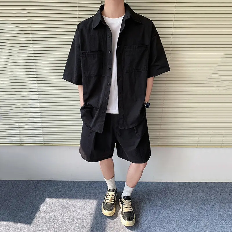 IEFB New Summer Men's Sets Turn-down Collar Single Breasted Short Sleeve Shirts Elastic Waist Wide Leg Male Shorts Chic 9W2404