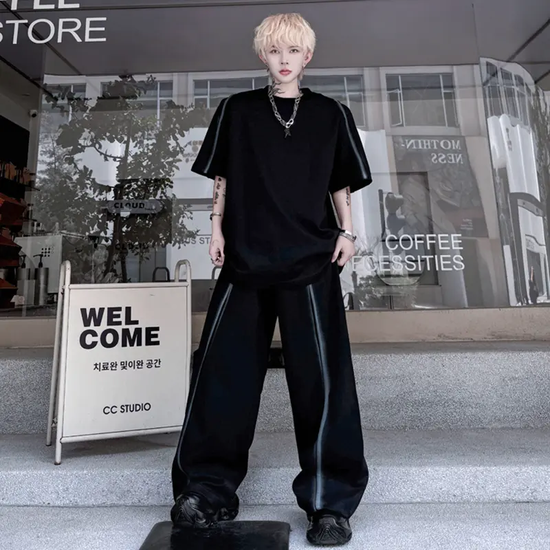 IEFB Niche Design Men's Suits Inkjet Round Collar Short Sleeved T-shirts Contrast Color Straight Male Wide Leg Bottom 9W2304