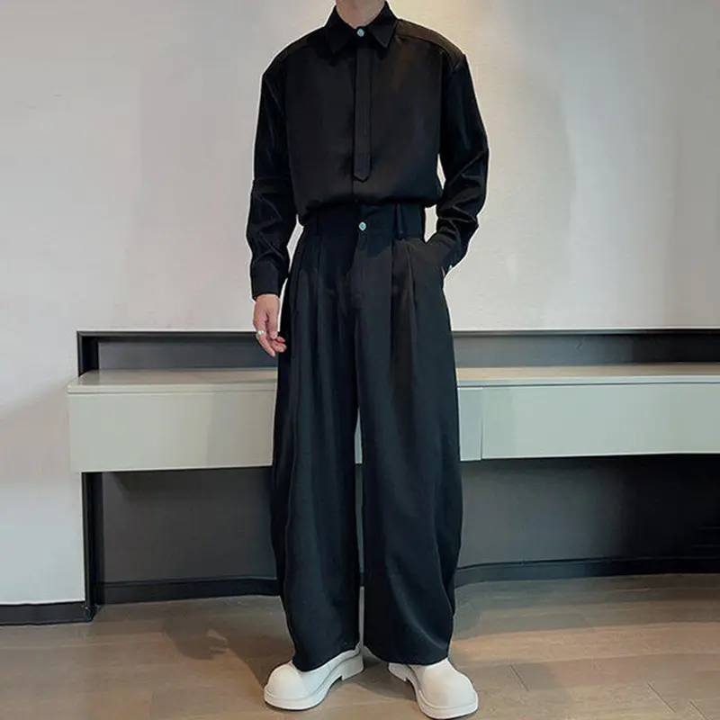 IEFB Dark Men's Suits Long Sleeved Shirts Turn-down Collar Single Breasted Pleated Design Male Casual Trousers Korean 9W3045