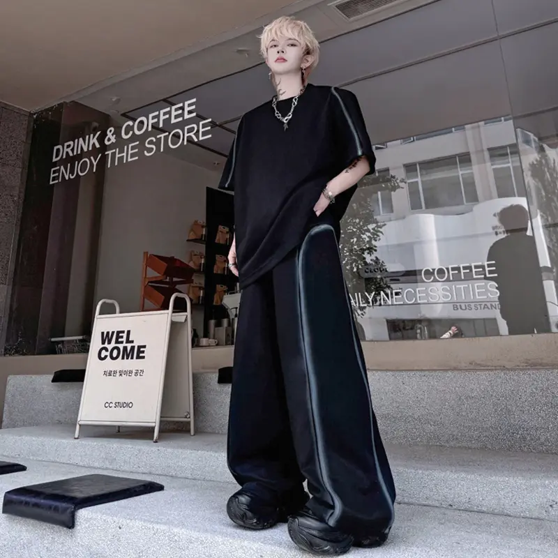 IEFB Niche Design Men's Suits Inkjet Round Collar Short Sleeved T-shirts Contrast Color Straight Male Wide Leg Bottom 9W2304