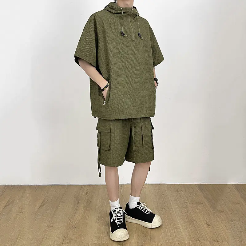 IEFB Casual Men Set Solid Color Casual Male Fashion Two-piece Sets Hooded Short Sleeve Top Doule Pockets Lace-up Shorts 9W3805