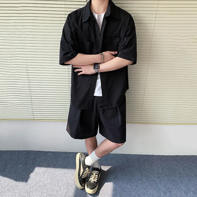 IEFB New Summer Men's Sets Turn-down Collar Single Breasted Short Sleeve Shirts Elastic Waist Wide Leg Male Shorts Chic 9W2404