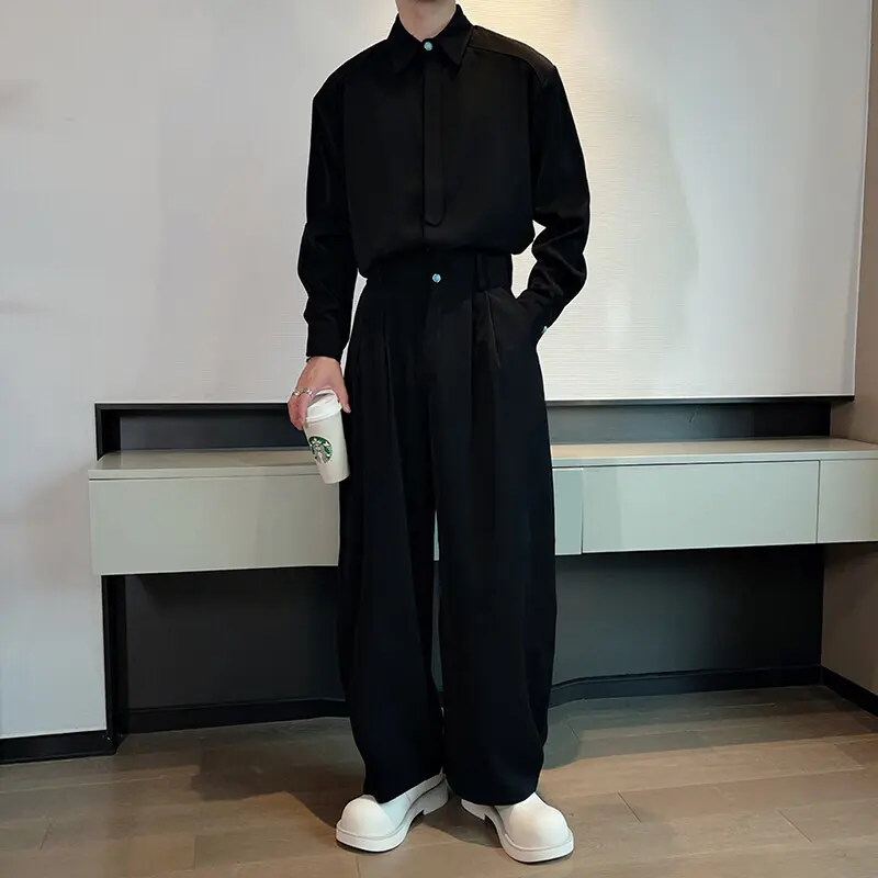 IEFB Dark Men's Suits Long Sleeved Shirts Turn-down Collar Single Breasted Pleated Design Male Casual Trousers Korean 9W3045