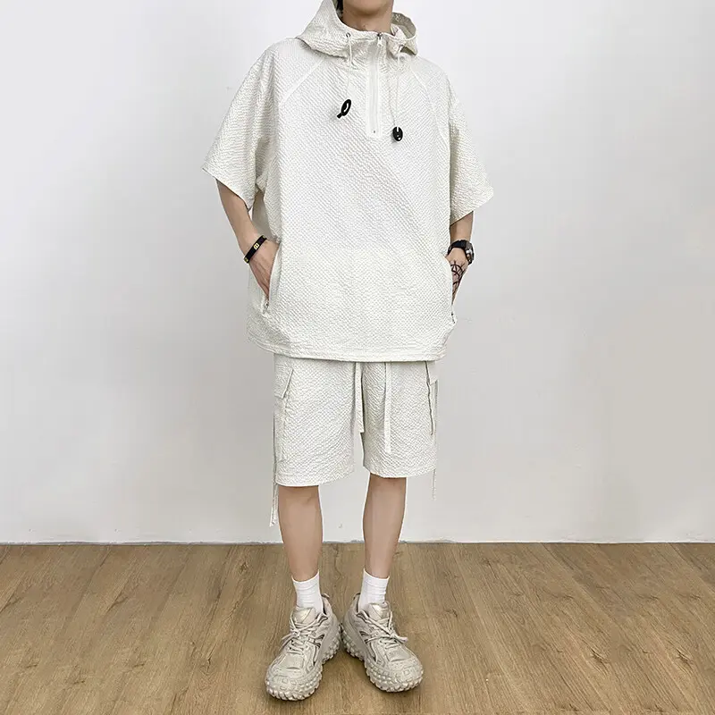 IEFB Casual Men Set Solid Color Casual Male Fashion Two-piece Sets Hooded Short Sleeve Top Doule Pockets Lace-up Shorts 9W3805