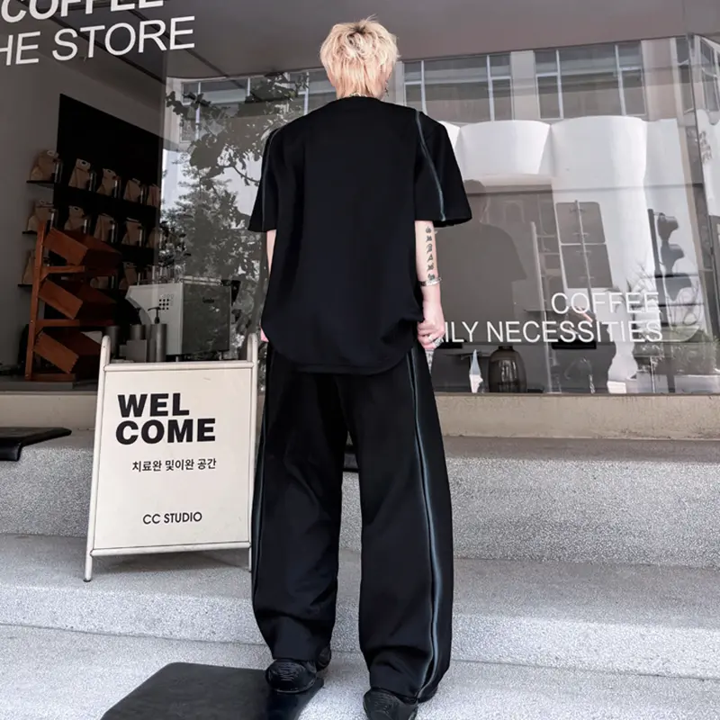 IEFB Niche Design Men's Suits Inkjet Round Collar Short Sleeved T-shirts Contrast Color Straight Male Wide Leg Bottom 9W2304