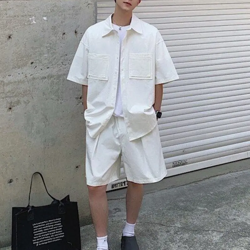 IEFB New Summer Men's Sets Turn-down Collar Single Breasted Short Sleeve Shirts Elastic Waist Wide Leg Male Shorts Chic 9W2404
