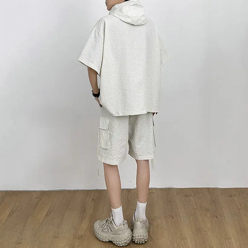 IEFB Casual Men Set Solid Color Casual Male Fashion Two-piece Sets Hooded Short Sleeve Top Doule Pockets Lace-up Shorts 9W3805
