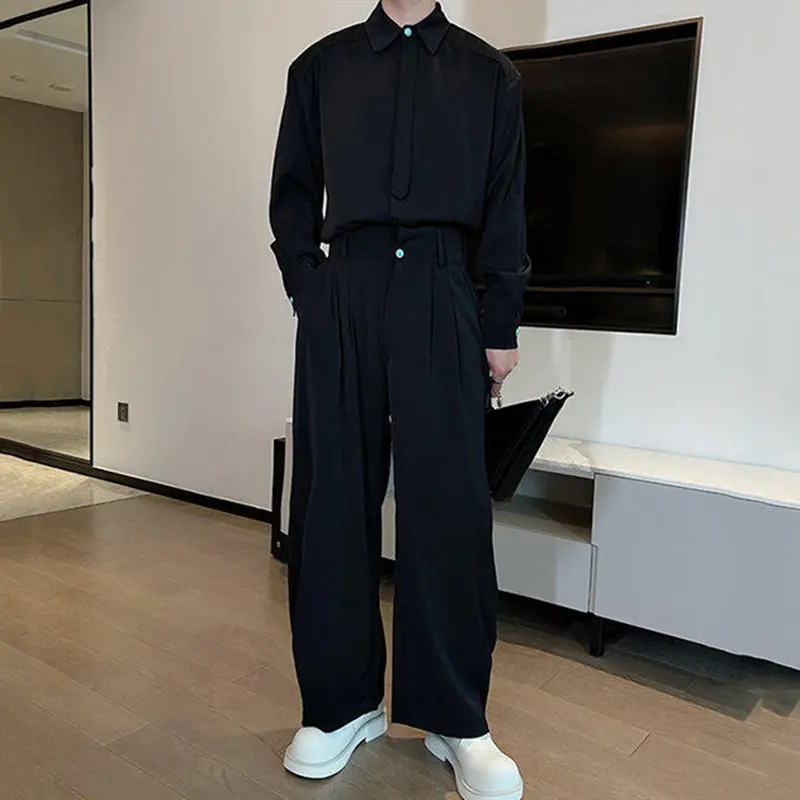 IEFB Dark Men's Suits Long Sleeved Shirts Turn-down Collar Single Breasted Pleated Design Male Casual Trousers Korean 9W3045