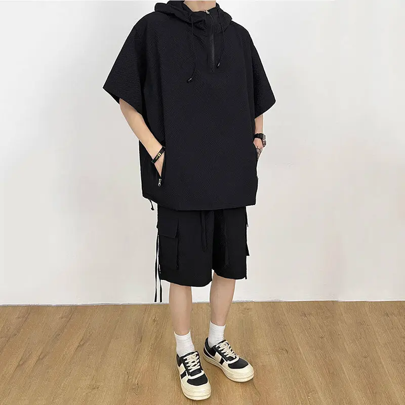 IEFB Casual Men Set Solid Color Casual Male Fashion Two-piece Sets Hooded Short Sleeve Top Doule Pockets Lace-up Shorts 9W3805
