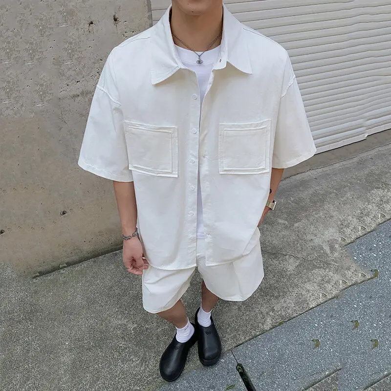 IEFB New Summer Men's Sets Turn-down Collar Single Breasted Short Sleeve Shirts Elastic Waist Wide Leg Male Shorts Chic 9W2404
