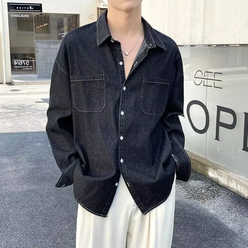 IEFB Summer Men's Denim Shirts Solid Color New Korean Tide Long Sleeved Casual Turn-down Collar Male Shirt Spring 2025 9W1215