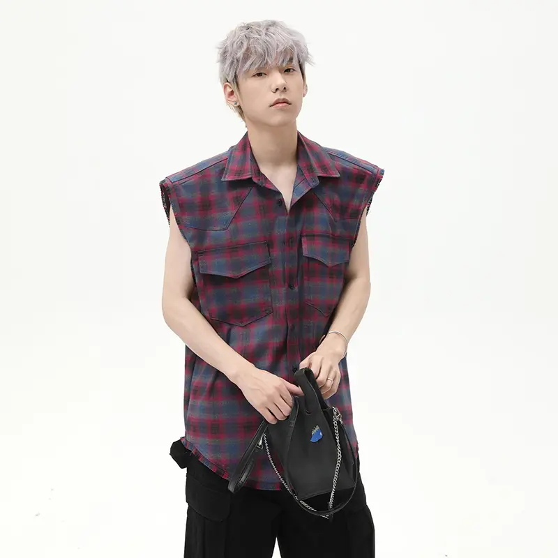 IEFB American Style Men's Tank Tops Plaid Design Turn-down Collar Sleeveless New Contrast Color Single Breasted Male Vest 9W2792